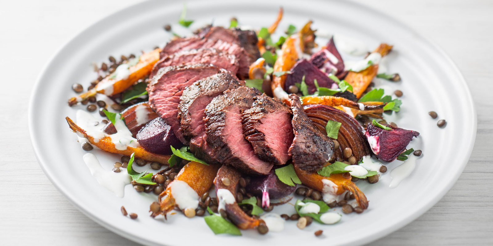 K-ROO Kangaroo Fillet, Spiced Vegetables & Yogurt Sauce